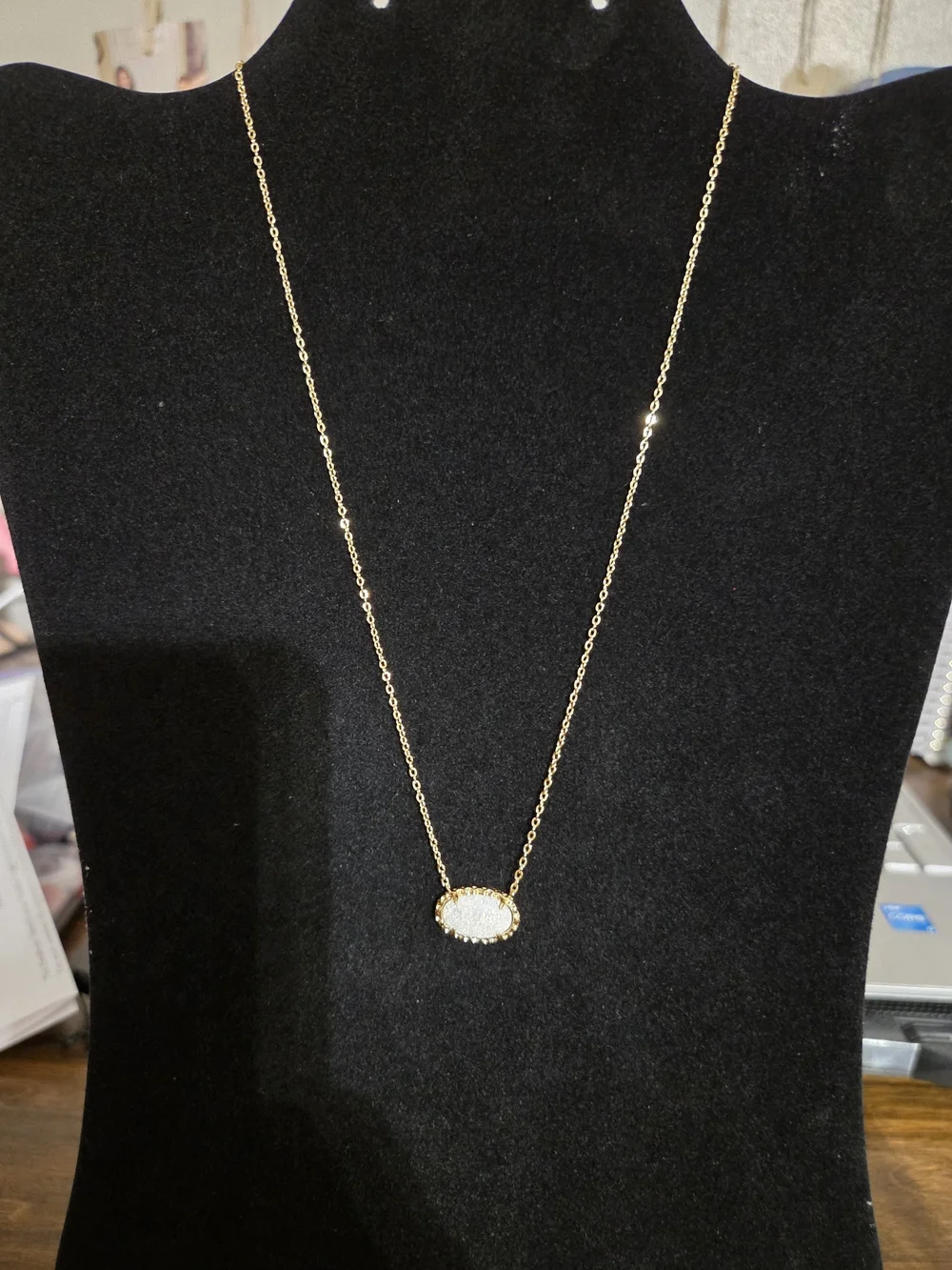Gold Chain Necklace with White Druzy Oval Pendant